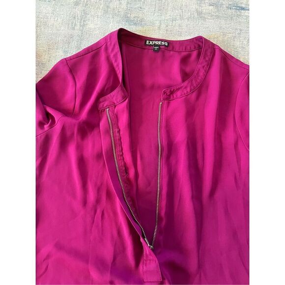 Express Fuchsia Pink Purple 3/4 Sleeve Zip Neckline Blouse Women's Small - Picture 5 of 9